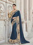 *Синее современное индийское сари из креп-жоржета, украшенное вышивкой люрексом со стразами
