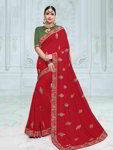 *Красное шифоновое лёгкое индийское сари, украшенное вышивкой