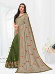 *Зелёное и серое шёлковое оригинальное индийское сари, украшенное вышивкой