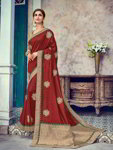 *Бордовое шёлковое оригинальное индийское сари, украшенное печатным рисунком, вышивкой