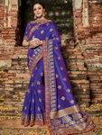 *Синее шёлковое и жаккардовое оригинальное индийское сари, украшенное вышивкой люрексом, скрученной шёлковой нитью