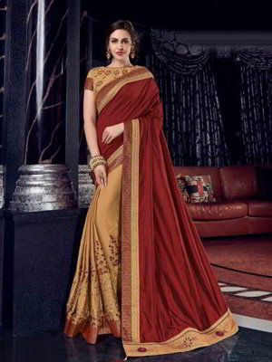 Бордовое и золотое индийское сари из креп-жоржета и шёлка, украшенное вышивкой люрексом, скрученной шёлковой нитью со стразами