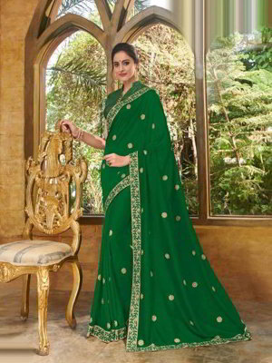 Зелёное индийское сари из шёлка, украшенное вышивкой