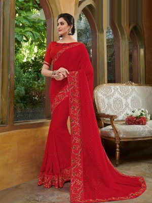 Красное индийское сари из креп-жоржета, украшенное вышивкой с пайетками