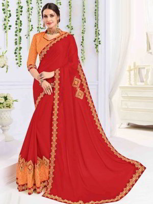 Оранжевое и красное шёлковое индийское сари, украшенное вышивкой со стразами