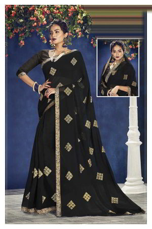 Чёрное шифоновое индийское сари, украшенное вышивкой люрексом
