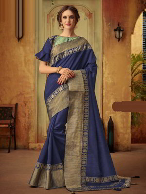 Синее индийское сари из хлопка с шёлком и жаккардовой ткани