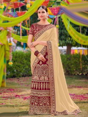 Бордовое и бежевое бархатное и атласное индийское сари, украшенное вышивкой со стразами, бусинками
