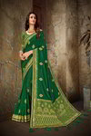 *Цвета зелёного попугая шёлковое оригинальное красивое индийское сари, украшенное вышивкой