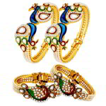 Када — позолоченные разъёмные индийские широкие браслеты «Павлины», цветная эмаль и стразы (4 шт.)