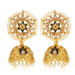 Позолоченные индийские серьги-колокольчики, цветная эмаль, стразы, перламутровые бусинки