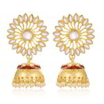 Позолоченные индийские серьги-колокольчики, красная эмаль, стразы, перламутровые бусинки