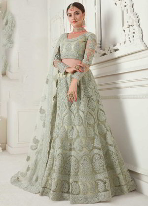 Мятно-зелёный индийский женский свадебный костюм лехенга (ленга) чоли из фатина, украшенный вышивкой