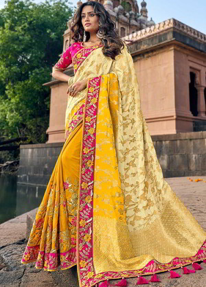 Двухцветное нарядное индийское сари, украшенное вышивкой с люрексом