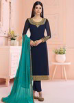 Тёмно-синее индийское платье / костюм из шифона, с длинными рукавами, украшенное вышивкой с люрексом