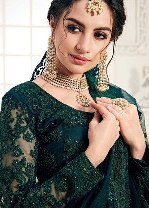 Тёмно-зелёный индийский женский свадебный костюм лехенга (ленга) чоли из фатина