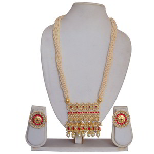 Молочное, цвета меди и золотое индийское украшение на шею из меди с искусственными камнями, бисером, перламутровыми бусинками