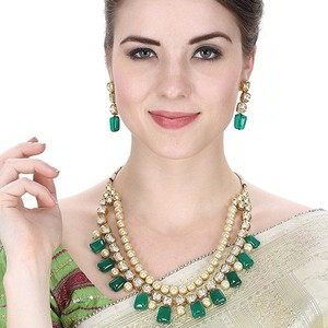 Зелёное и золотое индийское украшение на шею со стразами, искусственными камнями, бисером