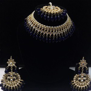 Золотое и синее индийское украшение на шею со стразами, искусственными камнями, бисером