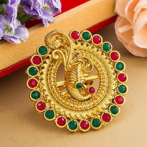Позолоченное женское индийское кольцо с разноцветными стразами