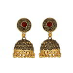 Позолоченные индийские серьги-колокольчики с красными стразами и золотистыми бусинками