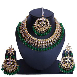 Зелёные и золотые индийское украшение на шею с искусственными камнями, бисером