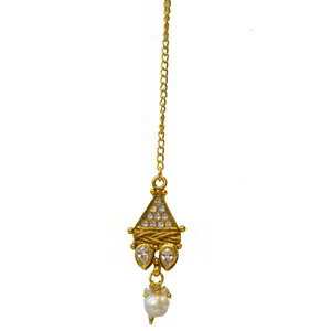 Молочное и золотое латунное индийское украшение на голову (манг-тика) со стразами