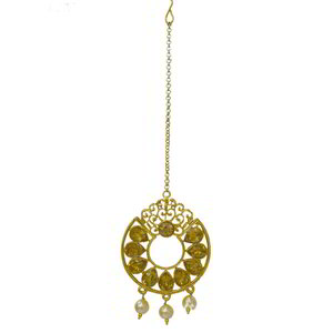 Золотое латунное индийское украшение на голову (манг-тика) со стразами, перламутровыми бусинками