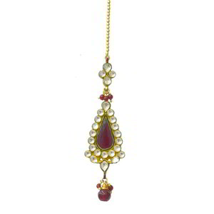 Бордовое, золотое и красное латунное индийское украшение на голову (манг-тика) с искусственными камнями