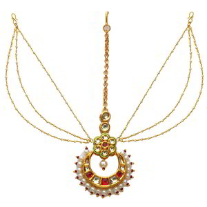 Молочное, цвета меди и золотое индийское украшение на голову (манг-тика) из меди с искусственными камнями, перламутровыми бусинками