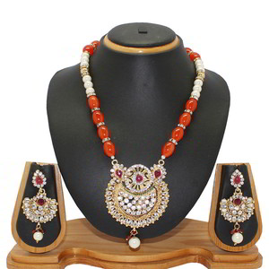 Оранжевое и золотое индийское украшение на шею со стразами, бисером, перламутровыми бусинками
