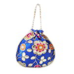 *Синяя шёлковая сумочка-мешочек, украшенная вышивкой с аппликацией с бисером