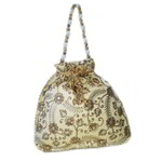 *Бежевая и коричневая шёлковая сумочка-мешочек, украшенная вышивкой с пайетками