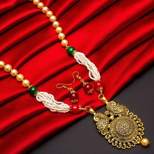 Золотые индийское украшение на шею с искусственными камнями, перламутровыми бусинками