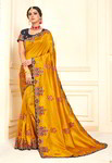 *Горчичное оригинальное индийское сари из шёлка, украшенное вышивкой с стразами