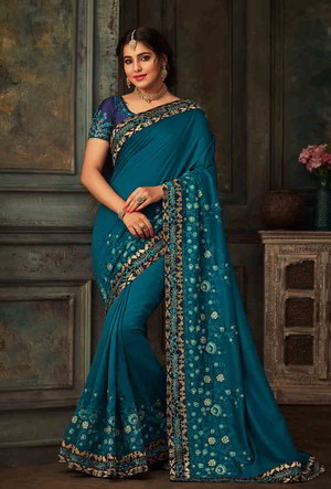 Сине-зелёное и синее шёлковое индийское сари, украшенное вышивкой с стразами