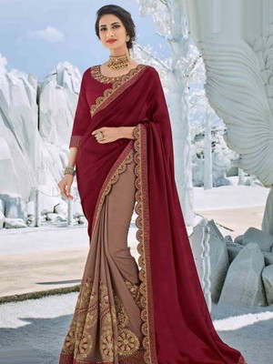 Бордовое и коричневое индийское сари из креп-жоржета и шёлка, украшенное вышивкой люрексом со стразами, стразами