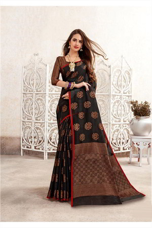Чёрное льняное индийское сари, украшенное скрученной шёлковой нитью