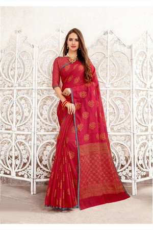 Красное льняное индийское сари, украшенное скрученной шёлковой нитью