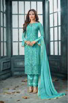 Бирюзовый индийский костюм из креп-жоржета, с длинными рукавами, украшенный вышивкой