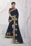 *Синее интересное красивое современное индийское сари из креп-жоржета и атласа, украшенное вышивкой