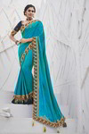 *Голубое интересное красивое современное индийское сари из креп-жоржета и атласа, украшенное вышивкой