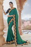 *Зелёное интересное красивое современное индийское сари из креп-жоржета и атласа, украшенное вышивкой