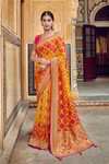 *Жёлтое и оранжевое вечернее нарядное индийское сари из шёлка и жаккардовой ткани
