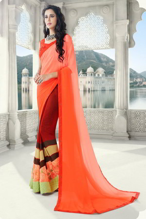 Оранжевое и красное индийское сари из креп-жоржета, украшенное вышивкой