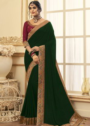 Зелёное жаккардовое и шёлковое индийское сари, украшенное вышивкой люрексом с кружевами