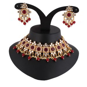 Бордовое, золотое и красное латунное индийское украшение на шею со стразами