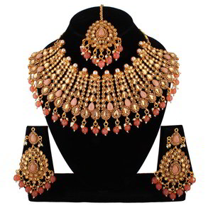 Золотое и розовое индийское украшение на шею со стразами, искусственными камнями