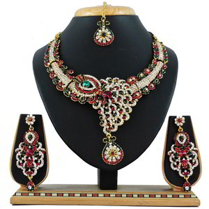 Бордовое и золотое медное индийское украшение на шею со стразами
