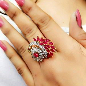 Бордовое, серебристое и красное женское индийское кольцо из латуни со стразами